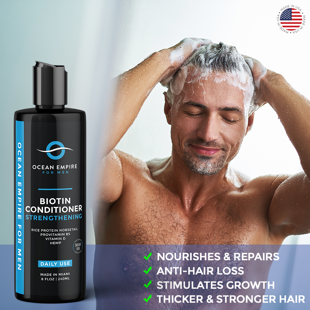 Ocean Empire Strengthening Biotin Conditioner for men nourishes and repairs damaged hair. Anti-hair loss. Stimulates growth. Thicker and stronger har.