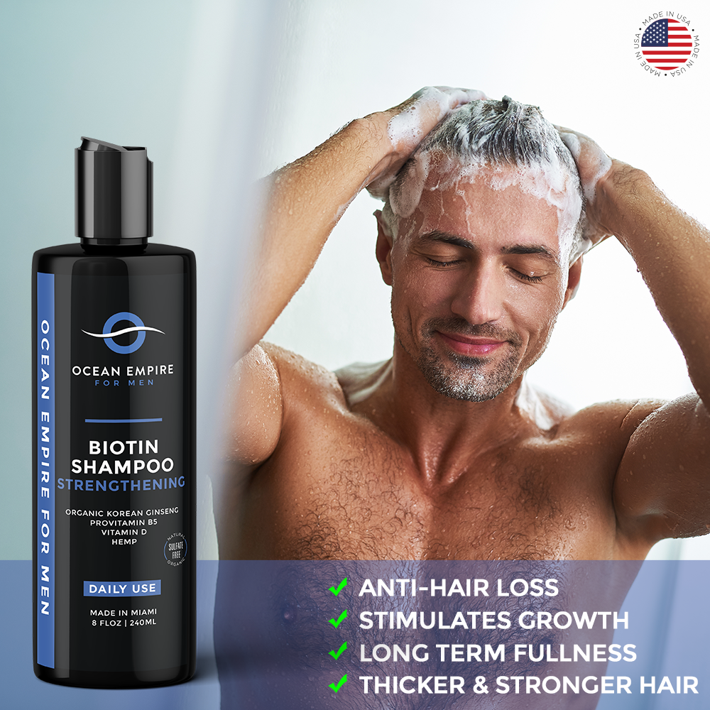 Ocean Empire Strengthening Biotin Shampoo for men stimulates hair growth for a long term fullness, thicker and stronger hair. Anti-hair loss shampoo for men