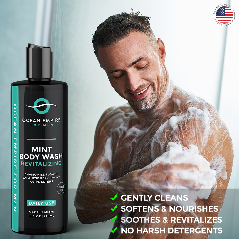 Ocean Empire Revitalizing Mint Body wash for men gently cleans, softens and nourishes, soothes and revitalizes. No harsh detergents
