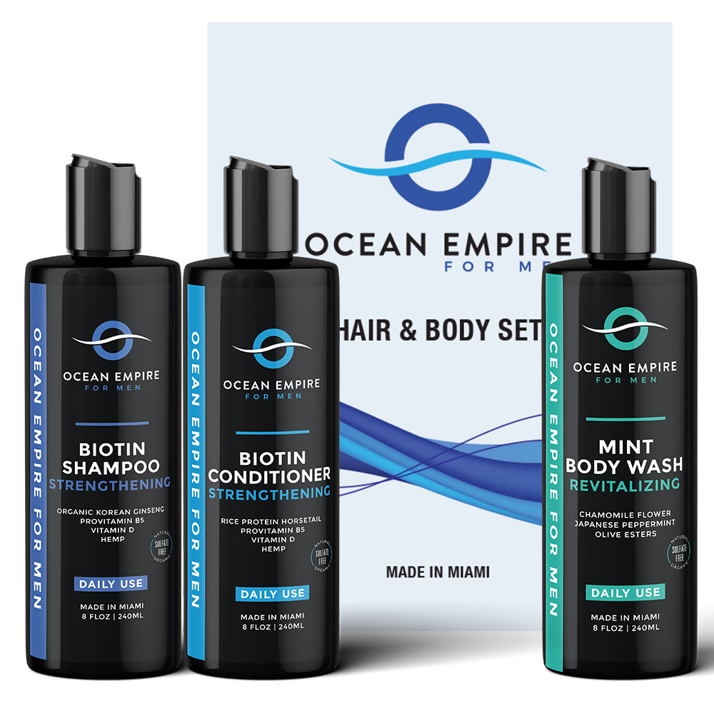 Best gift for men. The ultimate men's anti-aging set: strengthening biotin conditioner, shampoo and revitalizing mint body wash for men. From Brickell, Miami