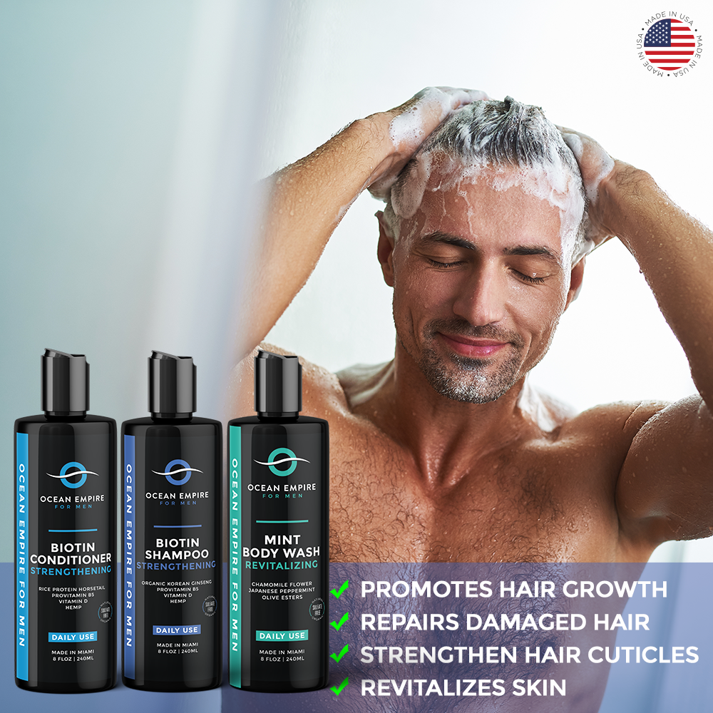 Biotin, ProVitamin B5, Ginseng, and Seaweed Extract in the biotin shampoo for men nourish the scalp and strengthen strands for hair supporting long-term fullness. Perfect for fine, thin, or dry/damaged hair types. Infused with Jojoba and Hemp Seed Oils this advanced Biotin Conditioner perfectly nourishes and hydrates your hair. Combined with natural Chamomile extract this Body Wash balances, soothes and revitalizes the skin. Free from parabens, phthalates, and harsh detergents. 