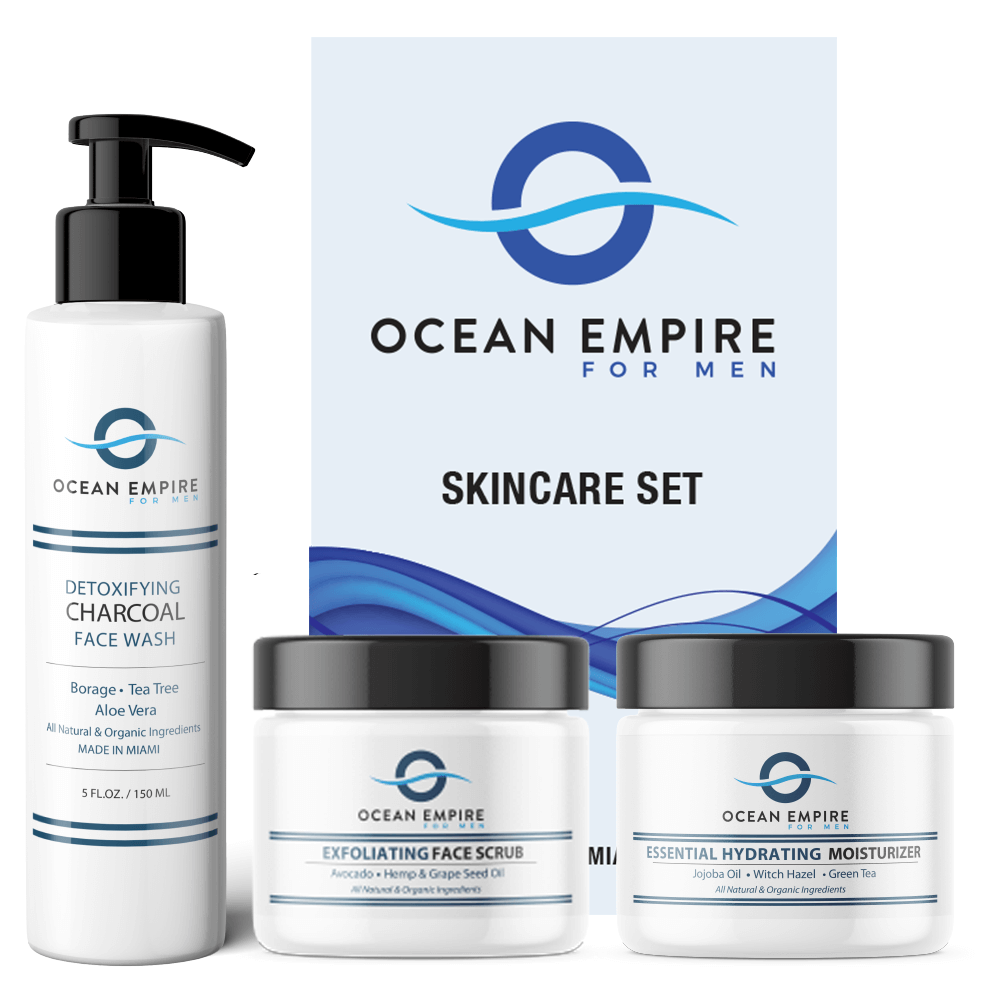 The ultimate gift for men: detoxifying face wash for men, exfoliating face scrub and essential hydrating moisturizer. Skincare from Brickell, Miami