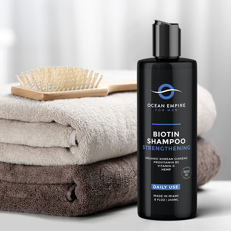 Ocean Empire Strengthening Biotin Shampoo for men. Designed for men wanting thicker, fuller hair. All hair types.